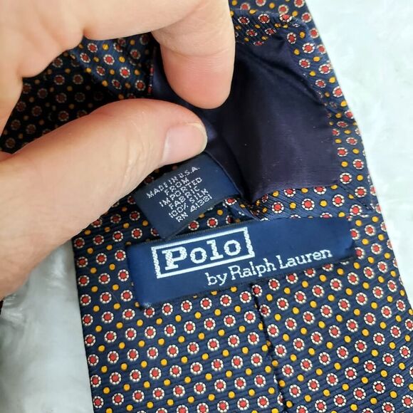 Polo Ralph Lauren Silk Dot Print Tie Navy Blue Red Yellow - Picture 3 of 7